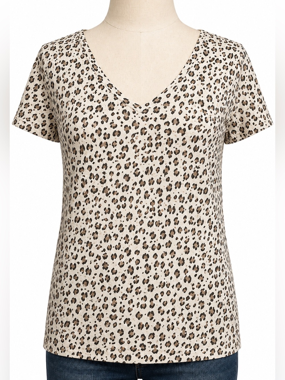 J.Crew Leopard Print Cotton V Neck Tee Ivory Brown Animal Print Short Sleeve Top - Picture 2 of 5